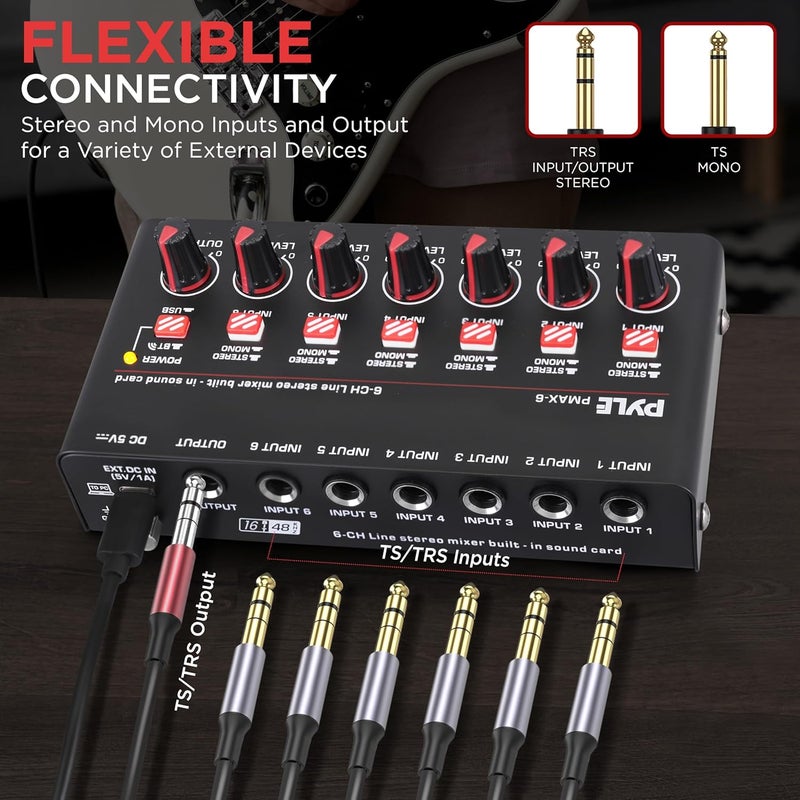 Pyle 6-Channel Wireless BT Streaming Mini Line Mixer with USB Audio Interface - 6 Mono/Stereo Switching Inputs | Ultra-low Noise Design with High Headroom | Built-in USB Sound Card - PMAX6 - Image 4
